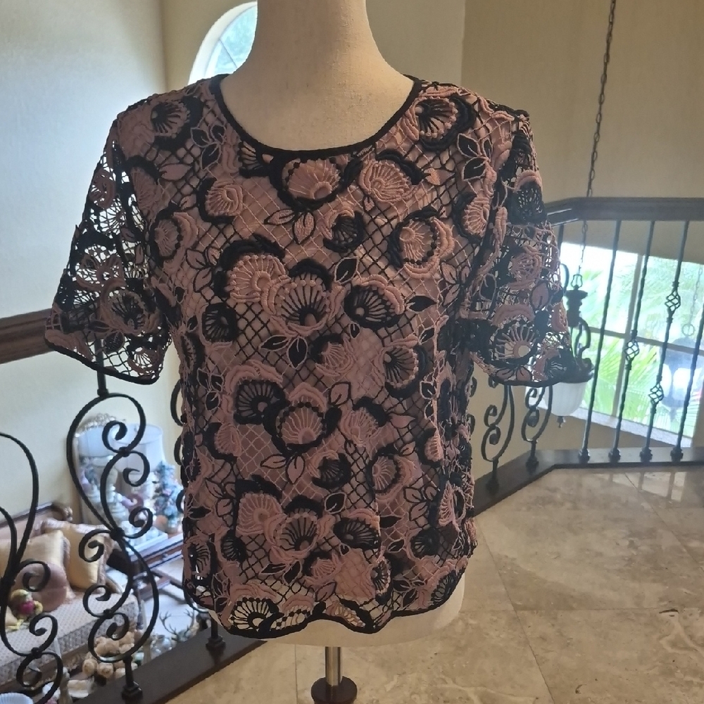 Ann Taylor Black and Pink Lace Floral Blouse